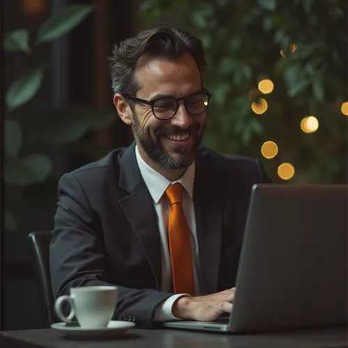 Foto de un hombre sonriendo, trabajando en un computador en la oficina