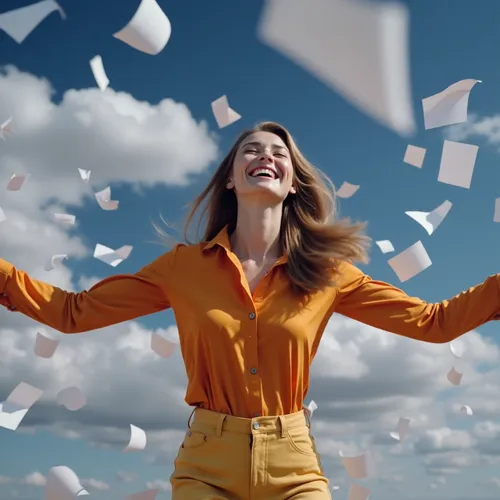 Imagen de una mujer contenta, documentos volando por el aire