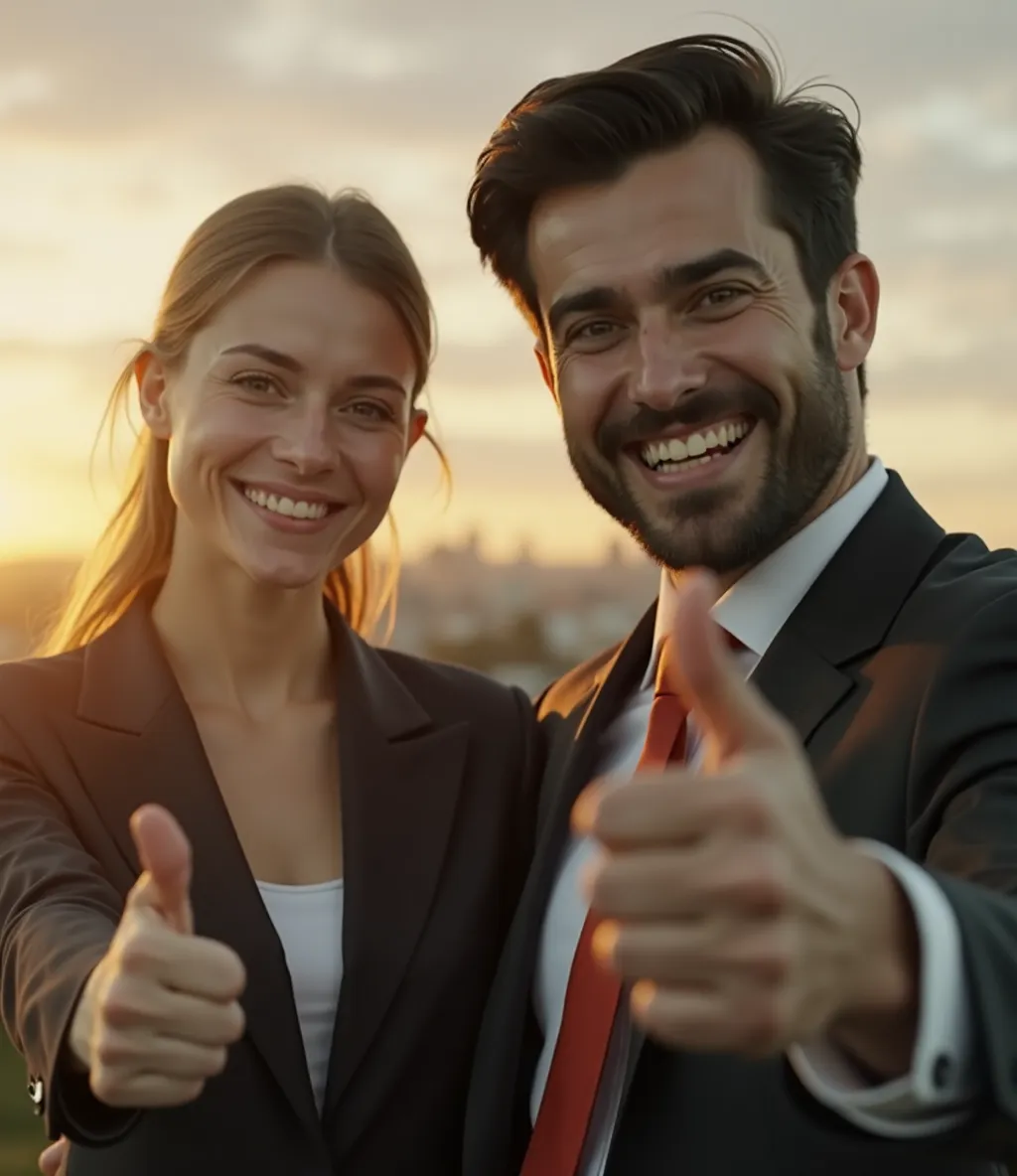 Foto de un hombre y una mujer contentos haciendo pulgar arriba